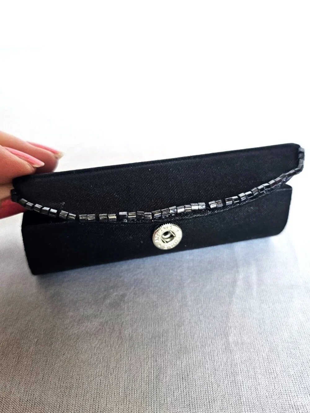Vintage Black Satin Beaded Lipstick Case | Mirror Snap Closure